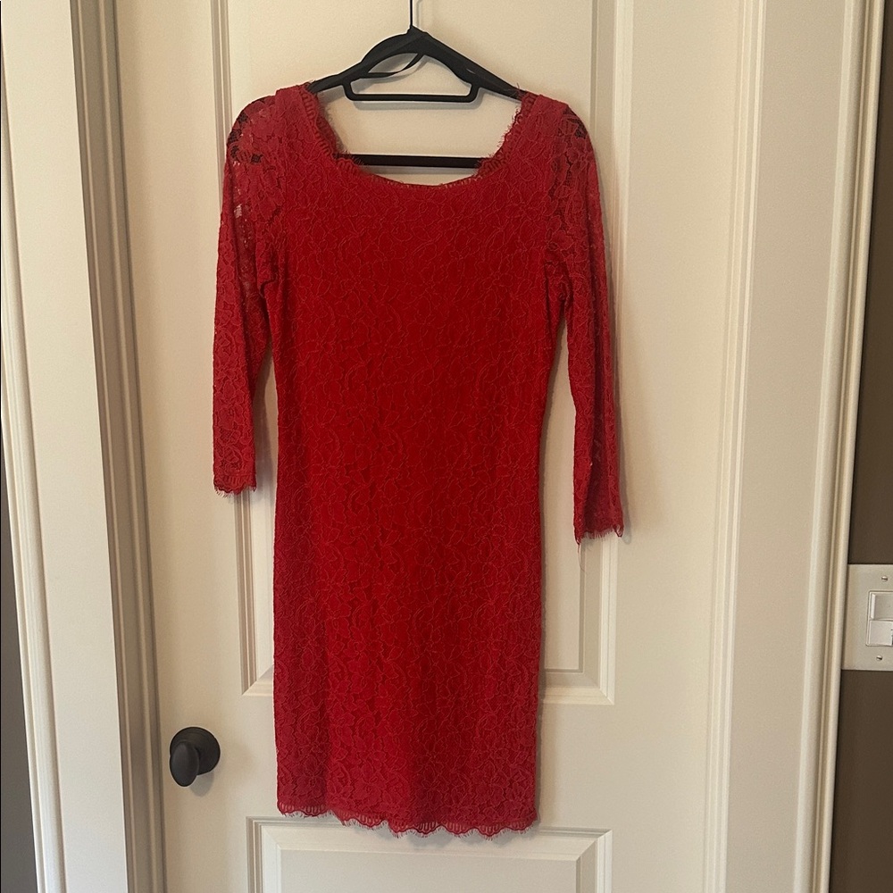 Diane Von Furstenberg Red Lace Long Sleeve Dress